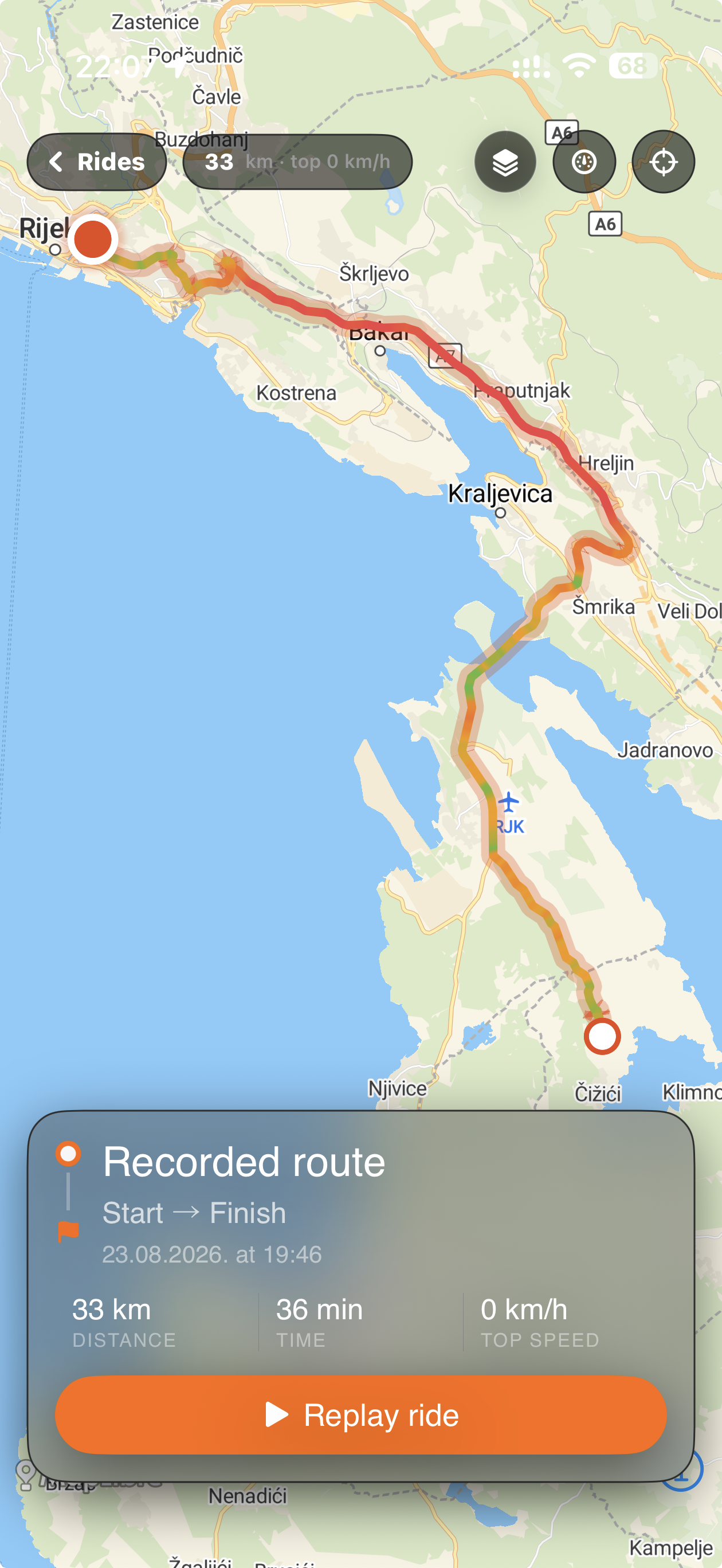 RiderShield recorded route with speed heatmap