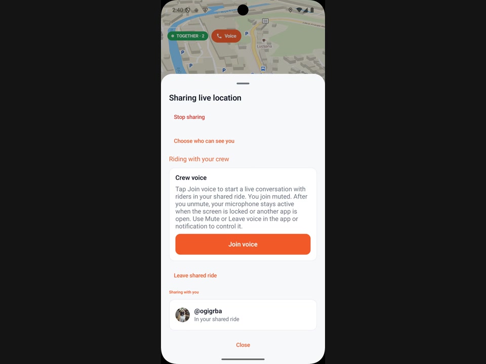 RiderShield shared-ride map with the Crew voice panel and Join voice control.